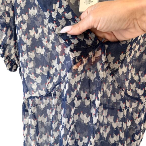 Fiorucci Novelty Chicken Print Sheer Silk Dress Puff Sleeves Tiered Size 8 READ - Picture 10 of 16
